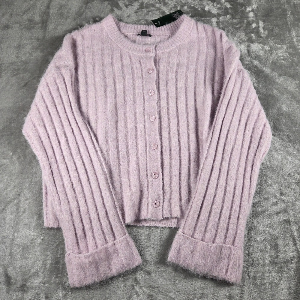 Soft Girl Y2K Fuzzy Ribbed Cardigan Sweater Lavender XL NWT